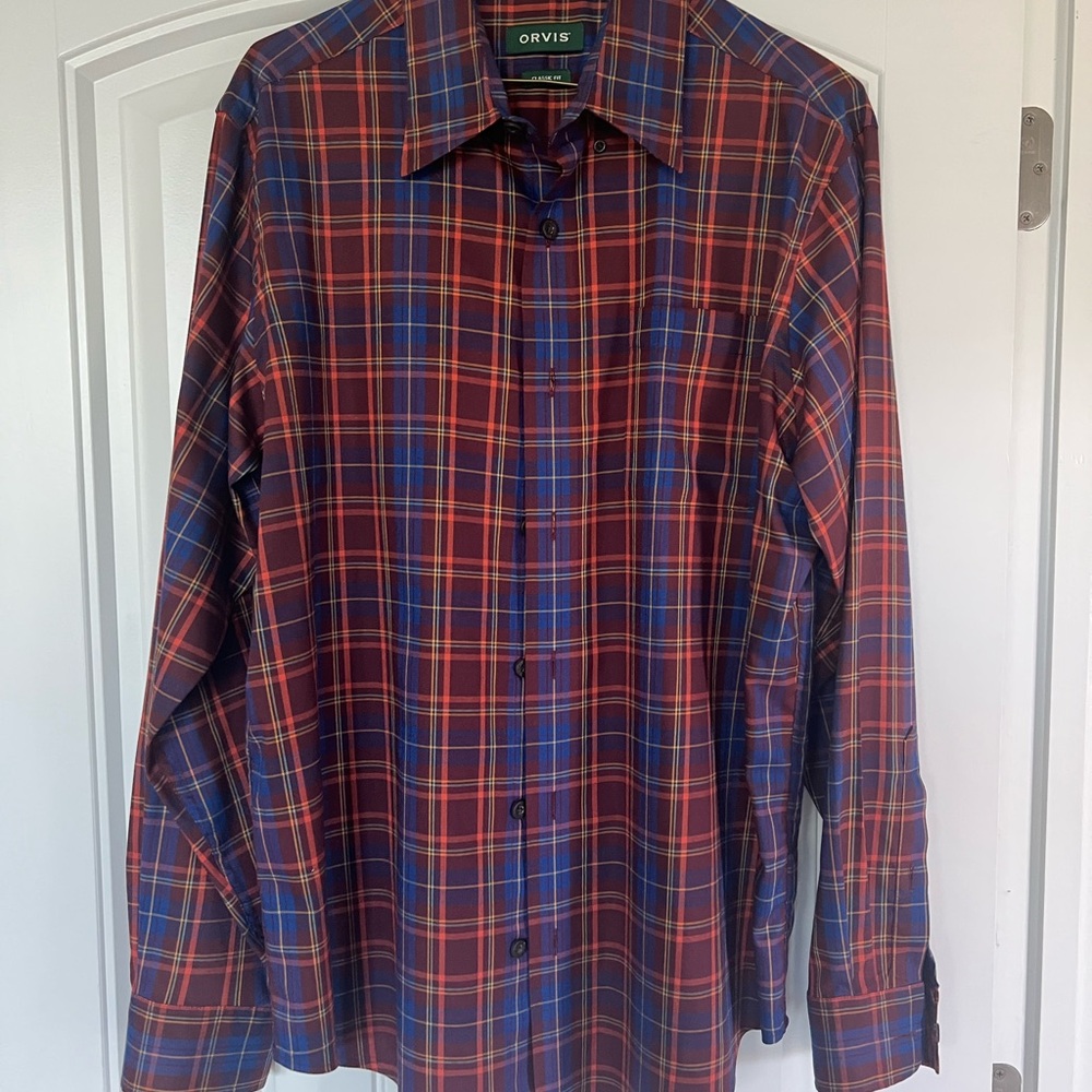 Orvis Men's Red and Blue Plaid Shirt